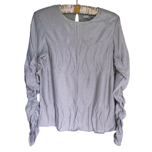 Tibi Shimmer Silver Mercerized Ruched Long Sleeve Top 8 Glam Holiday NYE Sparkly - Picture 2 of 8